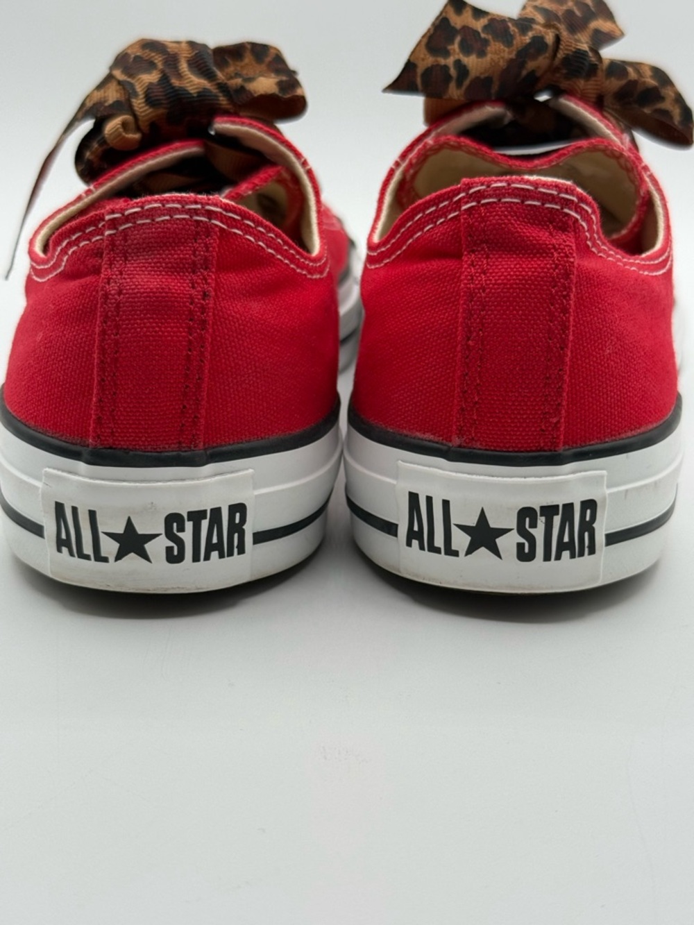 Custom Red Converse Sneakers w/ Leopard Laces & Rhinestone Low Top Chuck Taylors - Picture 9 of 16